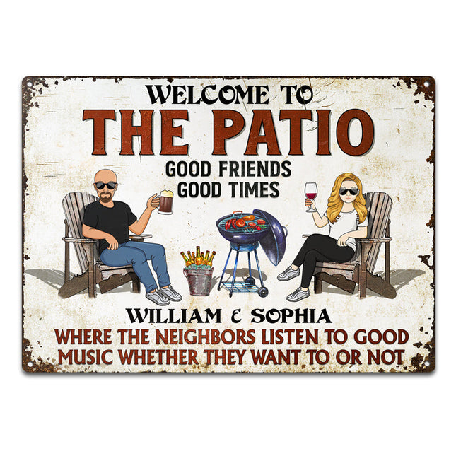 The Patio Grilling Listen To The Good Music Couple Husband Wife Pride - Personalized Custom Classic Metal Signs
