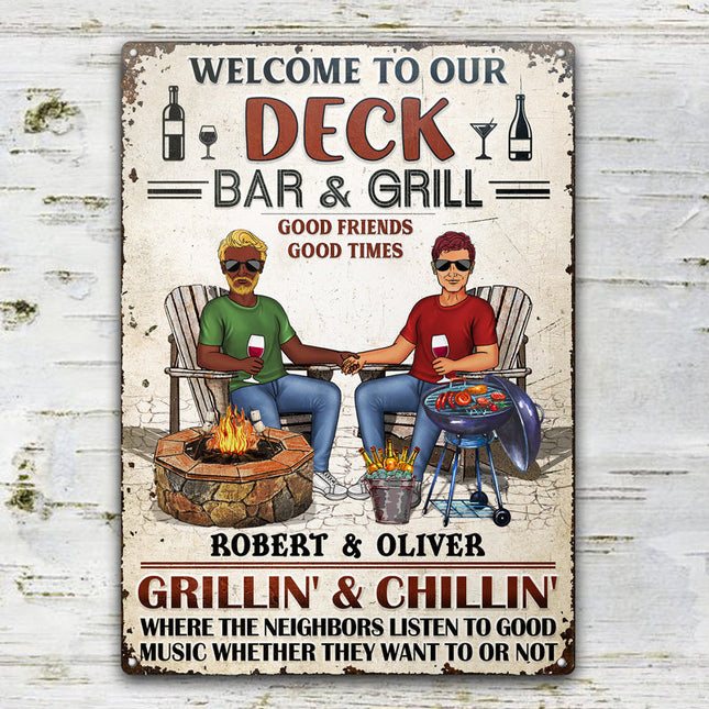 Backyard Bar Family Couple Listen To The Good Music - Personalized Custom Classic Metal Signs