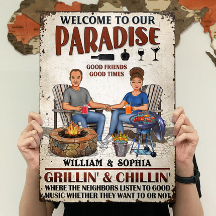 Backyard Bar Family Couple Listen To The Good Music - Personalized Custom Classic Metal Signs