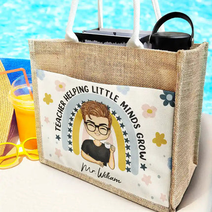 Teacher Helping Little Minds Grow - Personalized Jute Tote Bag