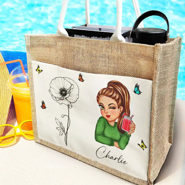 Line Wild Flower Cartoon Woman - Personalized Jute Tote Bag
