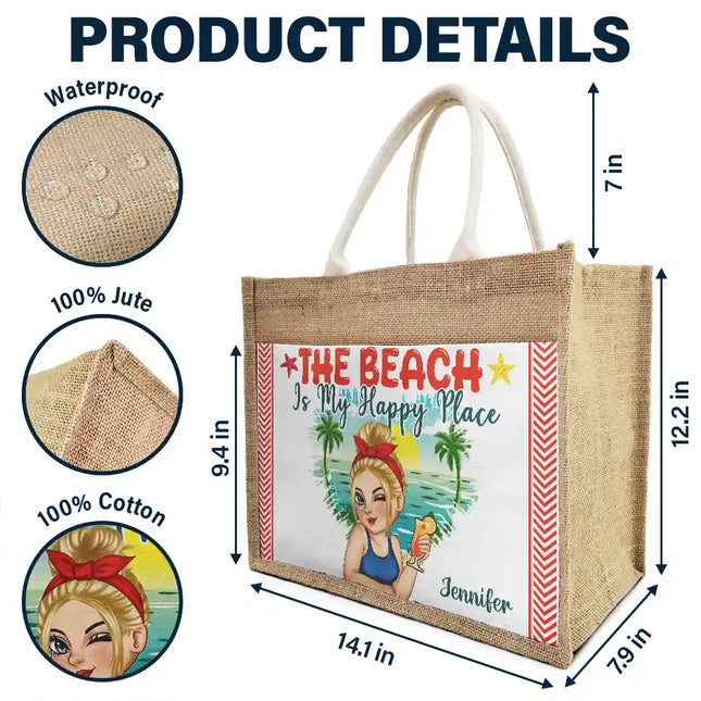 The Beach Is My Happy Place - Personalized Jute Tote Bag