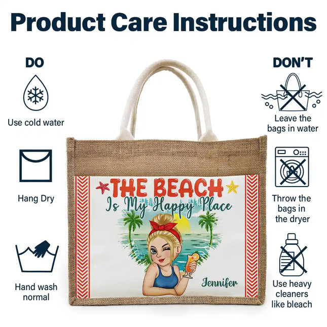 The Beach Is My Happy Place - Personalized Jute Tote Bag