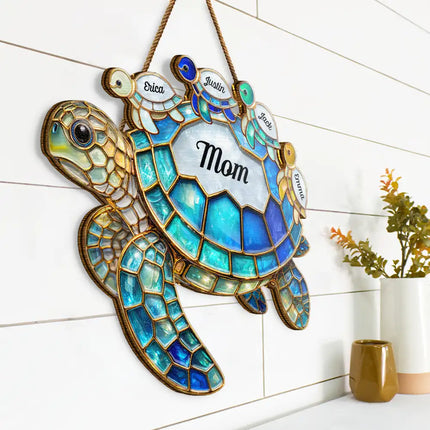 Turtle Stained Glass Mom Grandma - Personalized Custom Shaped Wood Sign