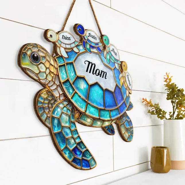 Turtle Stained Glass Mom Grandma - Personalized Custom Shaped Wood Sign