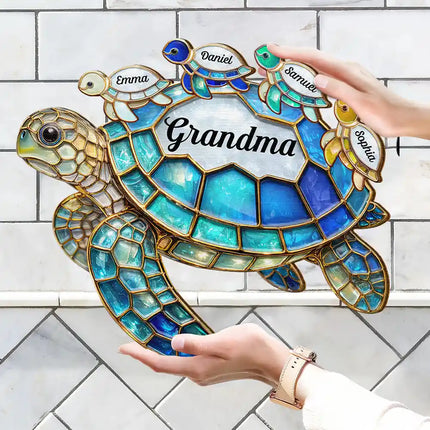 Turtle Stained Glass Mom Grandma - Personalized Custom Shaped Wood Sign