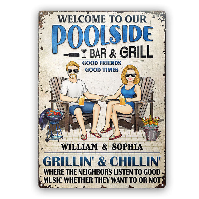 Swimming Poolside Family Couple Listen To The Good Music - Personalized Custom Classic Metal Signs