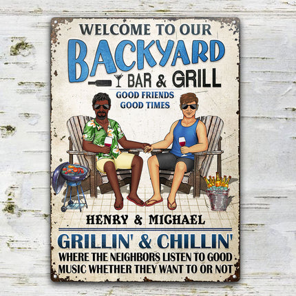 Swimming Poolside Family Couple Listen To The Good Music - Personalized Custom Classic Metal Signs