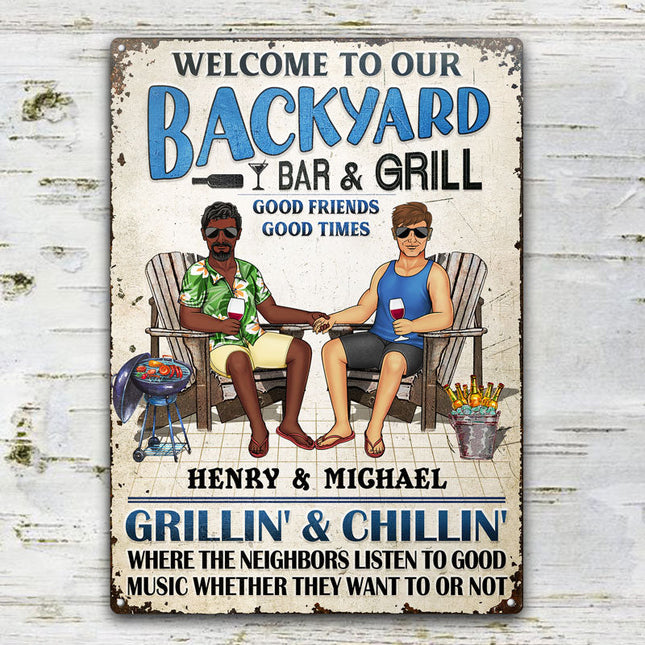 Swimming Poolside Family Couple Listen To The Good Music - Personalized Custom Classic Metal Signs