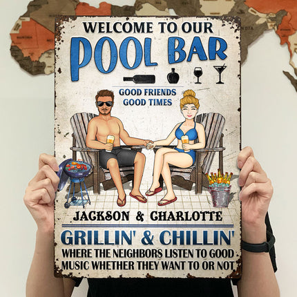 Swimming Poolside Family Couple Listen To The Good Music - Personalized Custom Classic Metal Signs