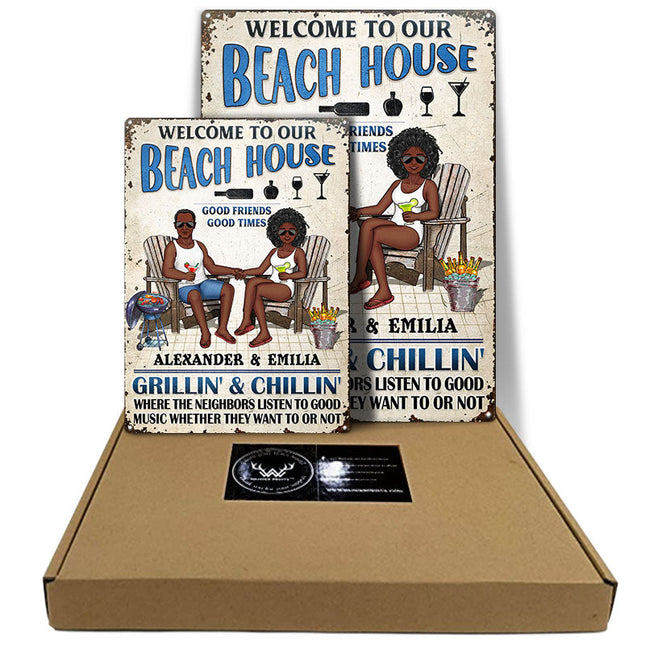 Swimming Poolside Family Couple Listen To The Good Music - Personalized Custom Classic Metal Signs
