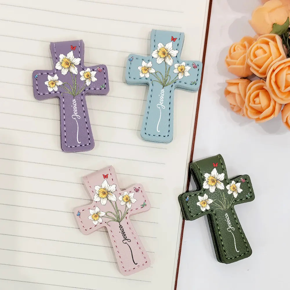 Where Flowers Meet Faith Birth Month Flower With Name - Personalized Cross Leather Magnetic Bookmark