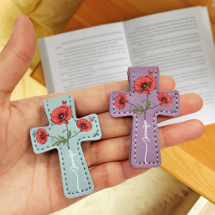 Where Flowers Meet Faith Birth Month Flower With Name - Personalized Cross Leather Magnetic Bookmark