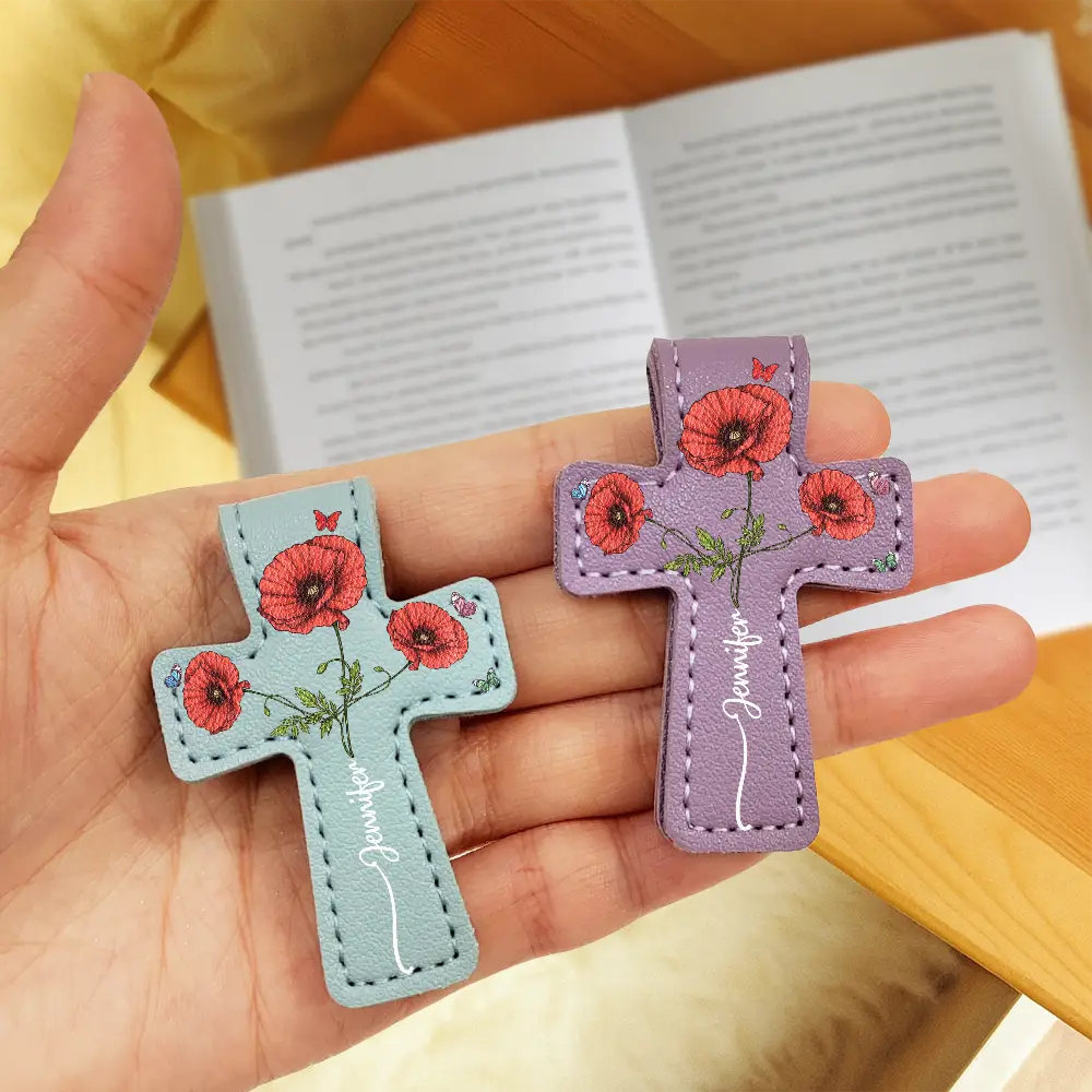 Where Flowers Meet Faith Birth Month Flower With Name - Personalized Cross Leather Magnetic Bookmark