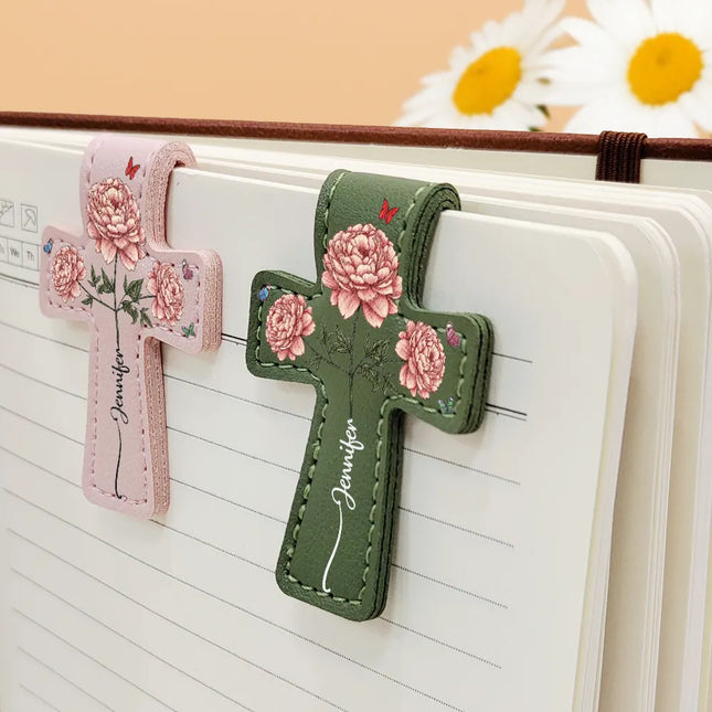 Where Flowers Meet Faith Birth Month Flower With Name - Personalized Cross Leather Magnetic Bookmark