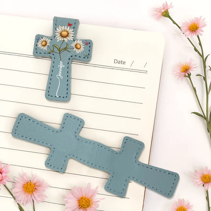 Where Flowers Meet Faith Birth Month Flower With Name - Personalized Cross Leather Magnetic Bookmark
