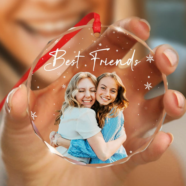 Custom Photo and Text Christmas Glass Ornament for Bestie, Friends