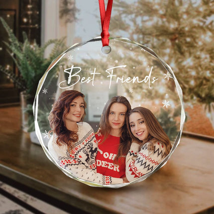 Custom Photo and Text Christmas Glass Ornament for Bestie, Friends