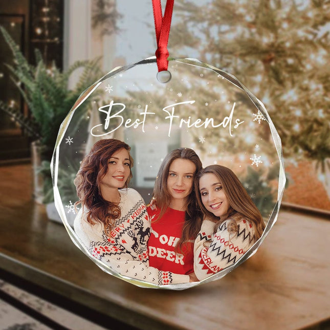 Custom Photo and Text Christmas Glass Ornament for Bestie, Friends