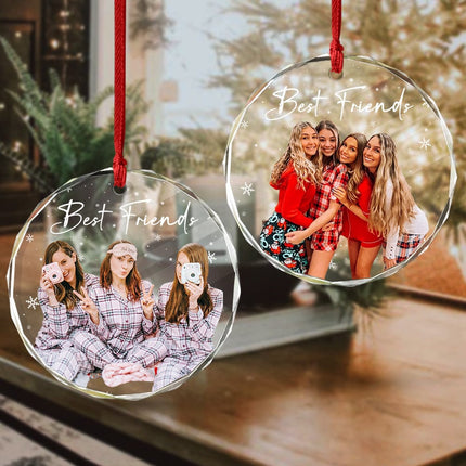 Custom Photo and Text Christmas Glass Ornament for Bestie, Friends