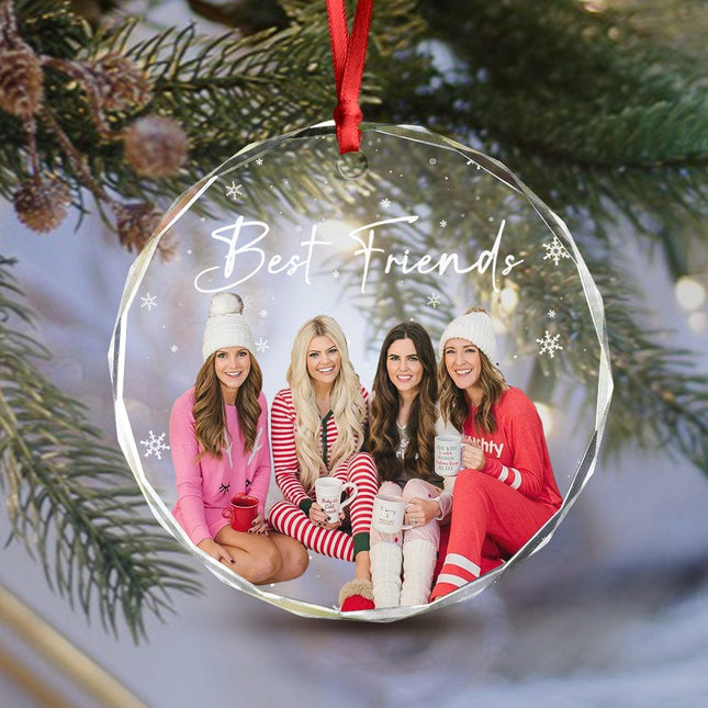Custom Photo and Text Christmas Glass Ornament for Bestie, Friends