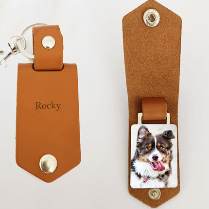 Custom Text Vintage Leather Photo Keychain