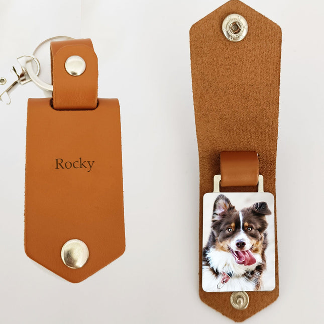 Custom Text Vintage Leather Photo Keychain
