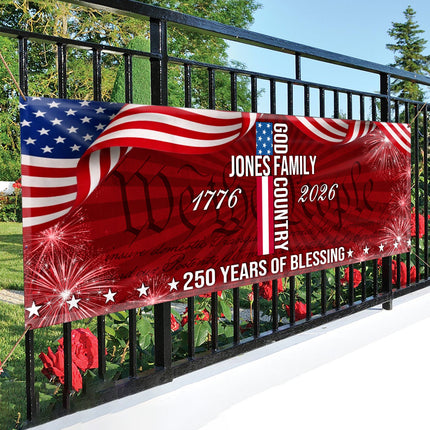Custom Family Name Patriotic American Flag 250 Years of Blessing God Banner