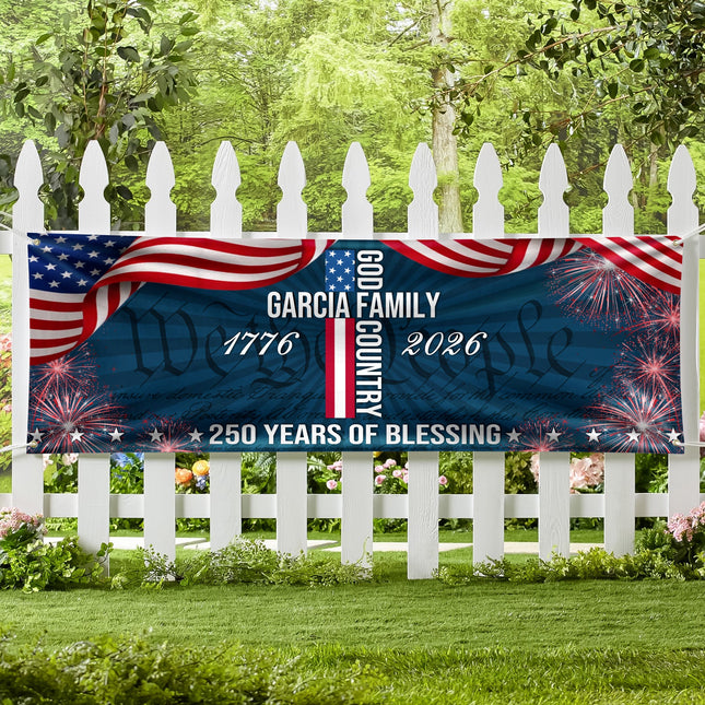 Custom Family Name Patriotic American Flag 250 Years of Blessing God Banner